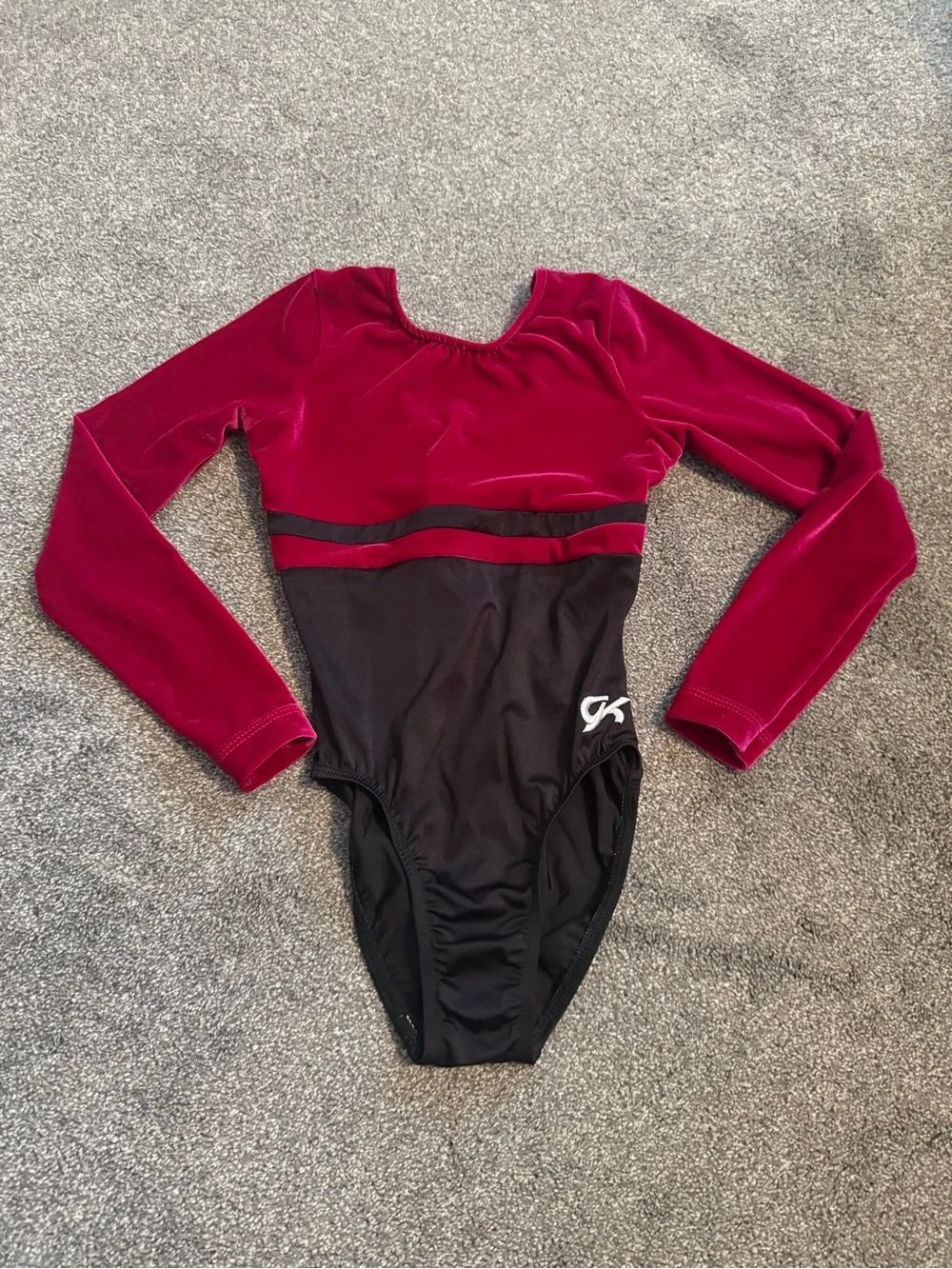 GK Elite Long Sleeve Burgundy and Black Velvet Gymnastics Leotard Sz AXS